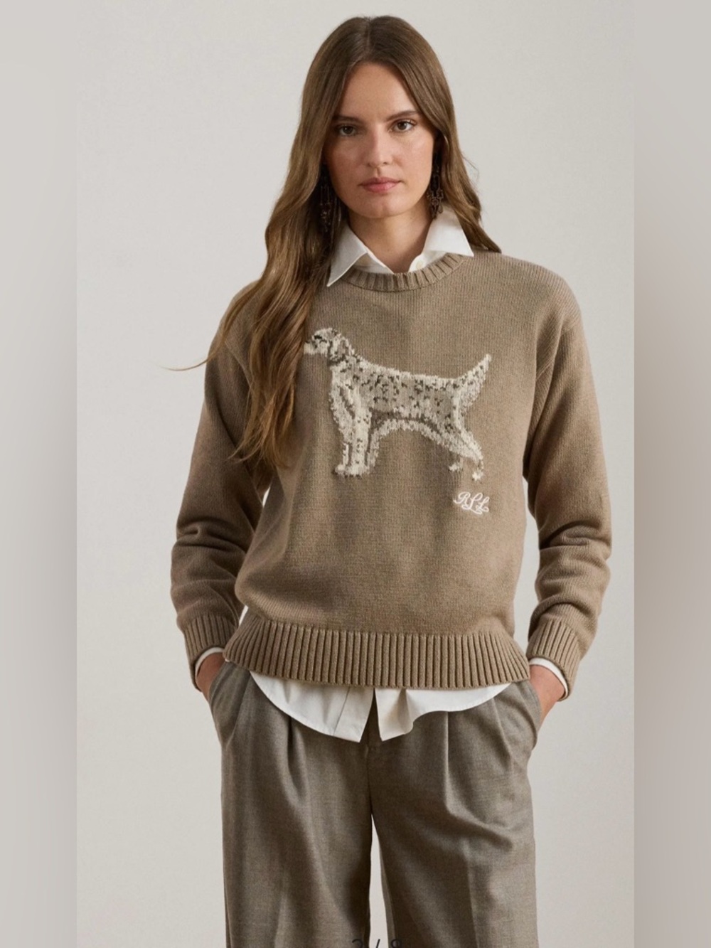 Ralph Lauren Beige/Tan Crewneck Sweater with Intarsia Dog